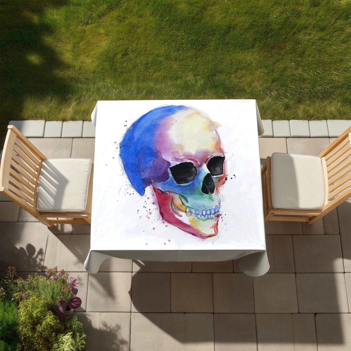 Picture of Begin Home Decor C1TC58583ZLQJ4 58 x 58 in. Watercolor Skull Tablecloth - Indoor & Outdoor Home Decor