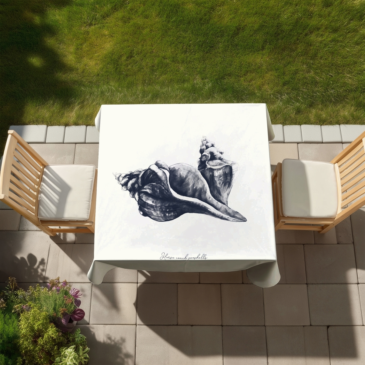Picture of Begin Home Decor C1TC58588R577Y 58 x 58 in. Blue Horse Conch Seashells Tablecloth - Indoor & Outdoor Decor