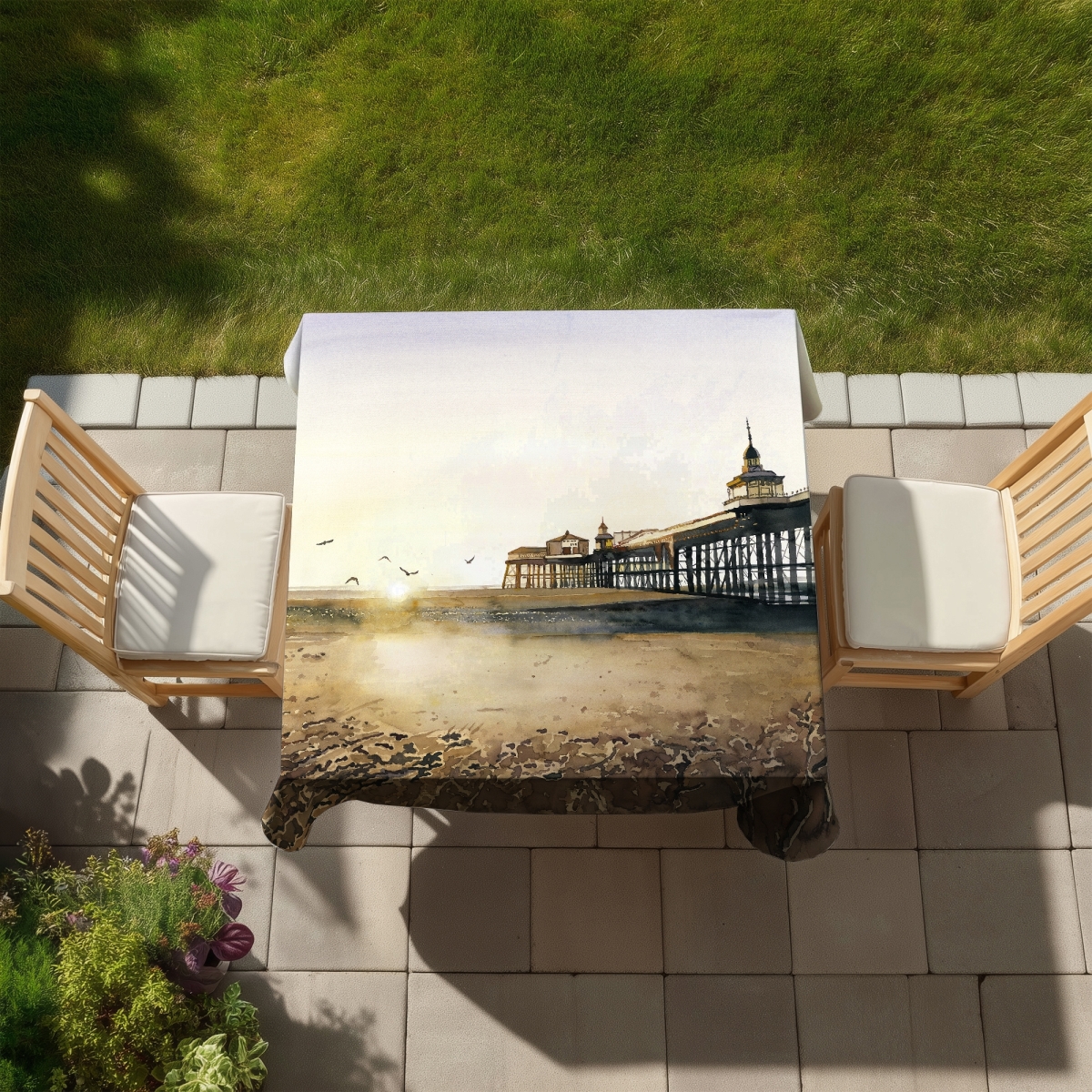 Picture of Begin Home Decor C1TC5858NCUETG 58 x 58 in. Sunset at the Beach Tablecloth - Coastal Bathroom Decor