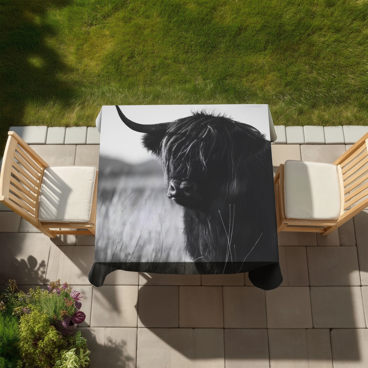 Picture of Begin Home Decor C1TC5858XKIG99 58 x 58 in. Monochrome Highland Cow Tablecloth - Indoor & Outdoor Decor