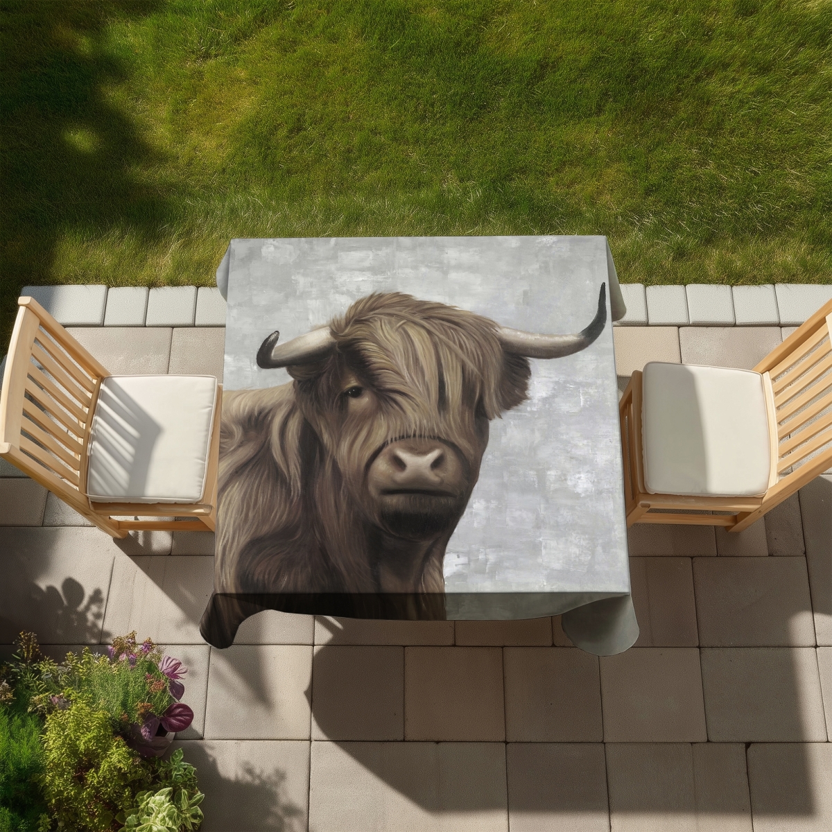 Picture of Begin Home Decor C1TC5858OLLTVD 58 x 58 in. Desaturated Highland Cattle Tablecloth - Indoor & Outdoor Decor