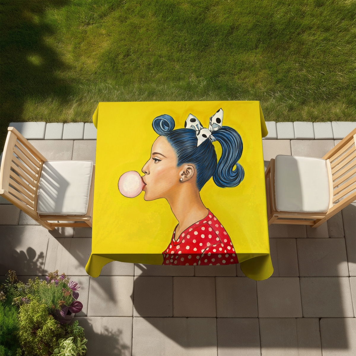 Picture of Begin Home Decor C1TC5858FF16WI 58 x 58 in. Blue Retro Woman Ponytail Tablecloth - Indoor & Outdoor Decor