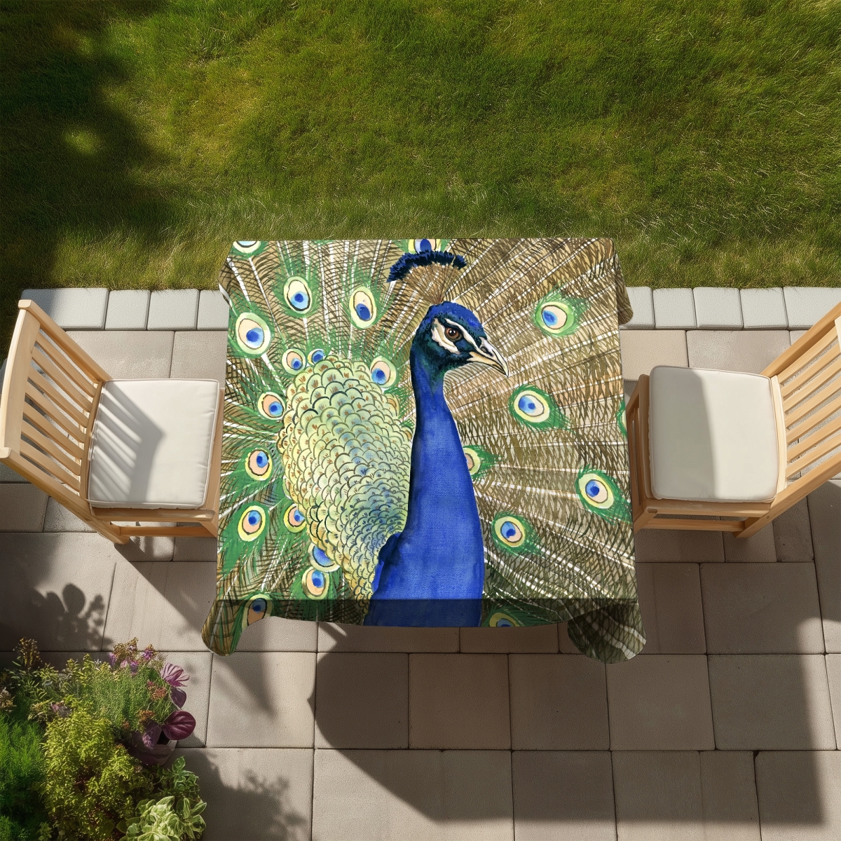 Picture of Begin Home Decor C1TC585896WXDU 58 x 58 in. Peacock Bird Tablecloth - Indoor & Outdoor Home Decor Bedroom