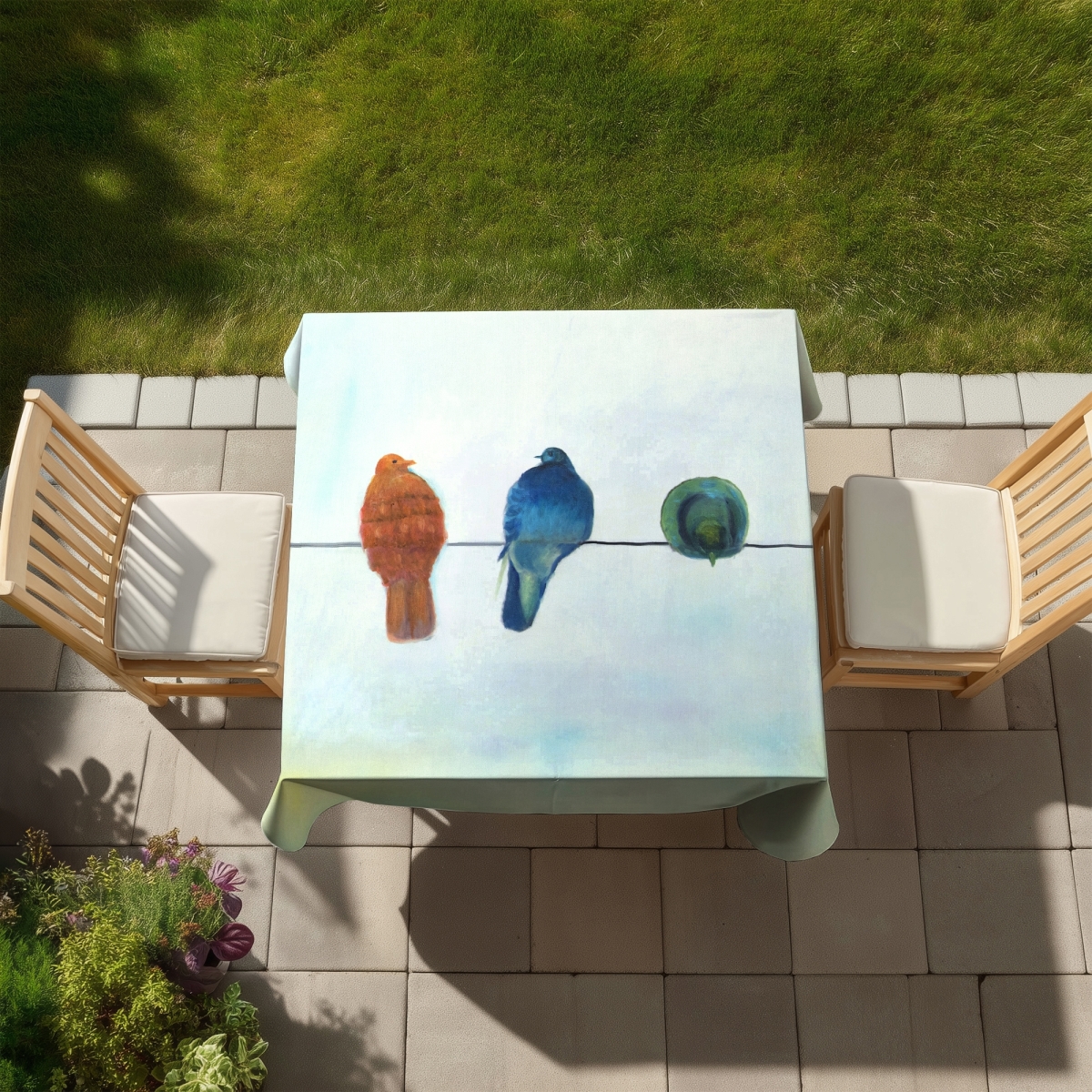 Picture of Begin Home Decor C1TC5858XIW12Z 58 x 58 in. Perched Abstract Birds Tablecloth - Indoor & Outdoor Decor