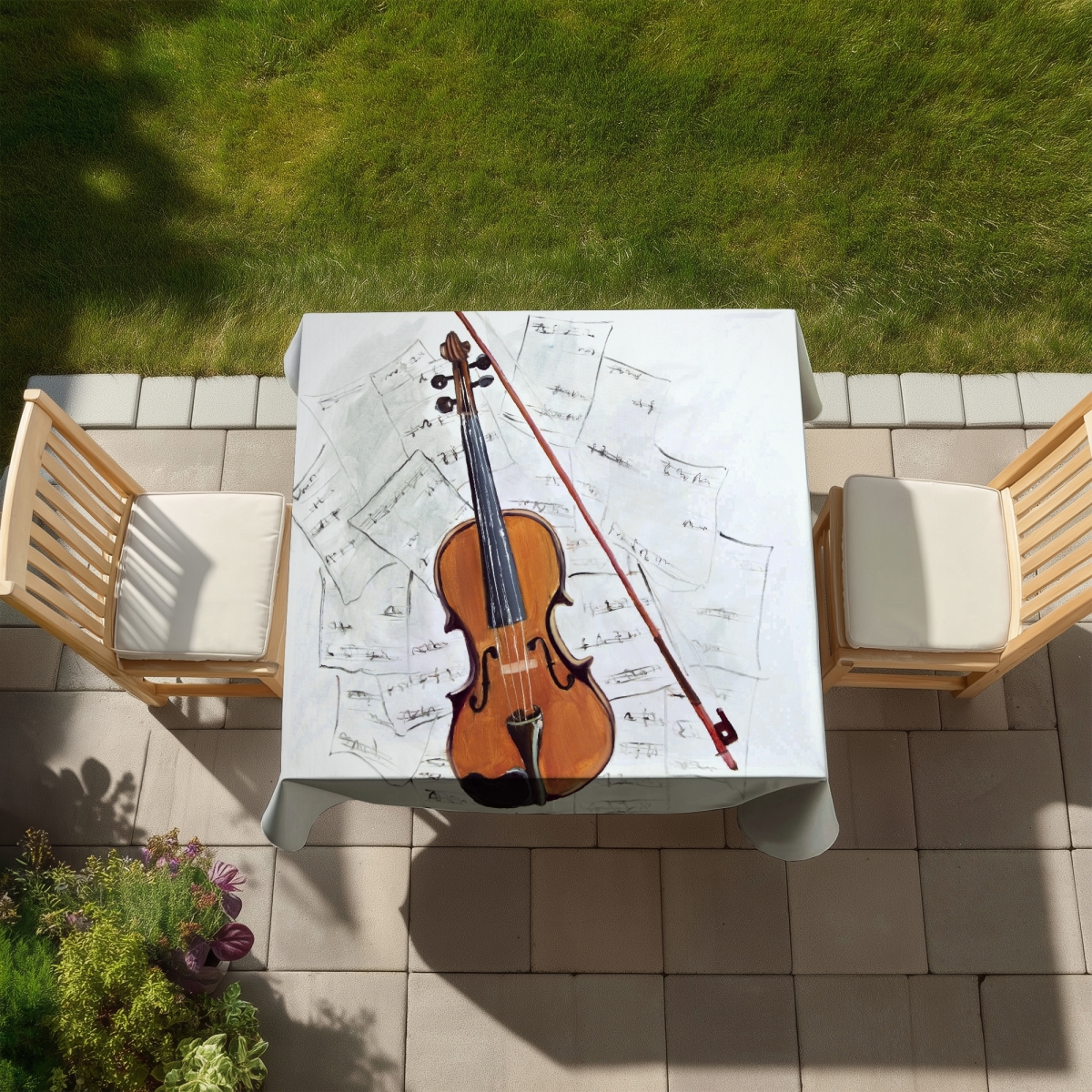 Picture of Begin Home Decor C1TC58580OEEXA 58 x 58 in. Violin on Music Sheet Tablecloth - Indoor & Outdoor Home Decor
