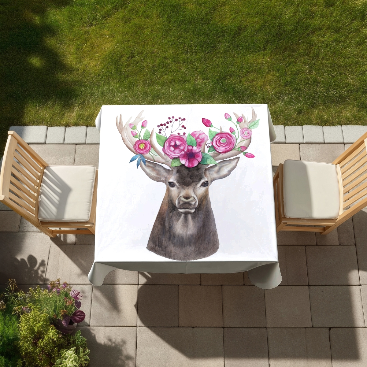 Picture of Begin Home Decor C1TC5858TP9BHP 58 x 58 in. Deer Head with Flowers Tablecloth - Brown Romantic Decor