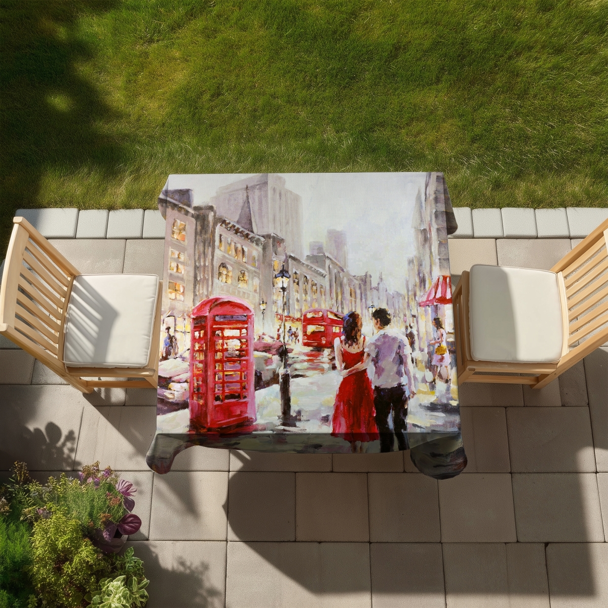 Picture of Begin Home Decor C1TC5858N5AFHL 58 x 58 in. Couple Walking Red Building Tablecloth - Indoor & Outdoor Decor