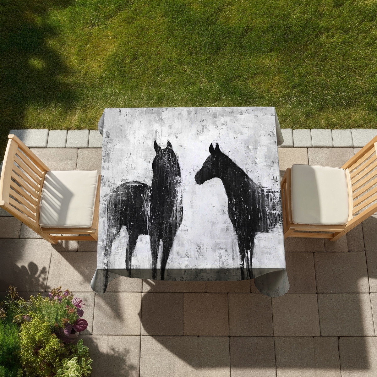 Picture of Begin Home Decor C1TC5858EY9IOM 58 x 58 in. Black & White Horses Tablecloth - Farm Animal Decor