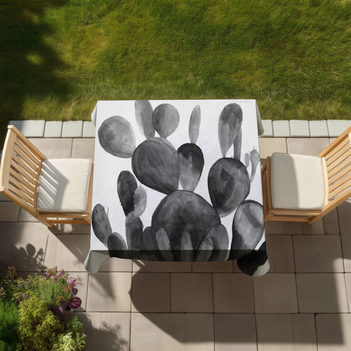 Picture of Begin Home Decor C1TC5858UM06QA 58 x 58 in. Grayscale Paddle Cactus Tablecloth - Indoor Outdoor Home Decor