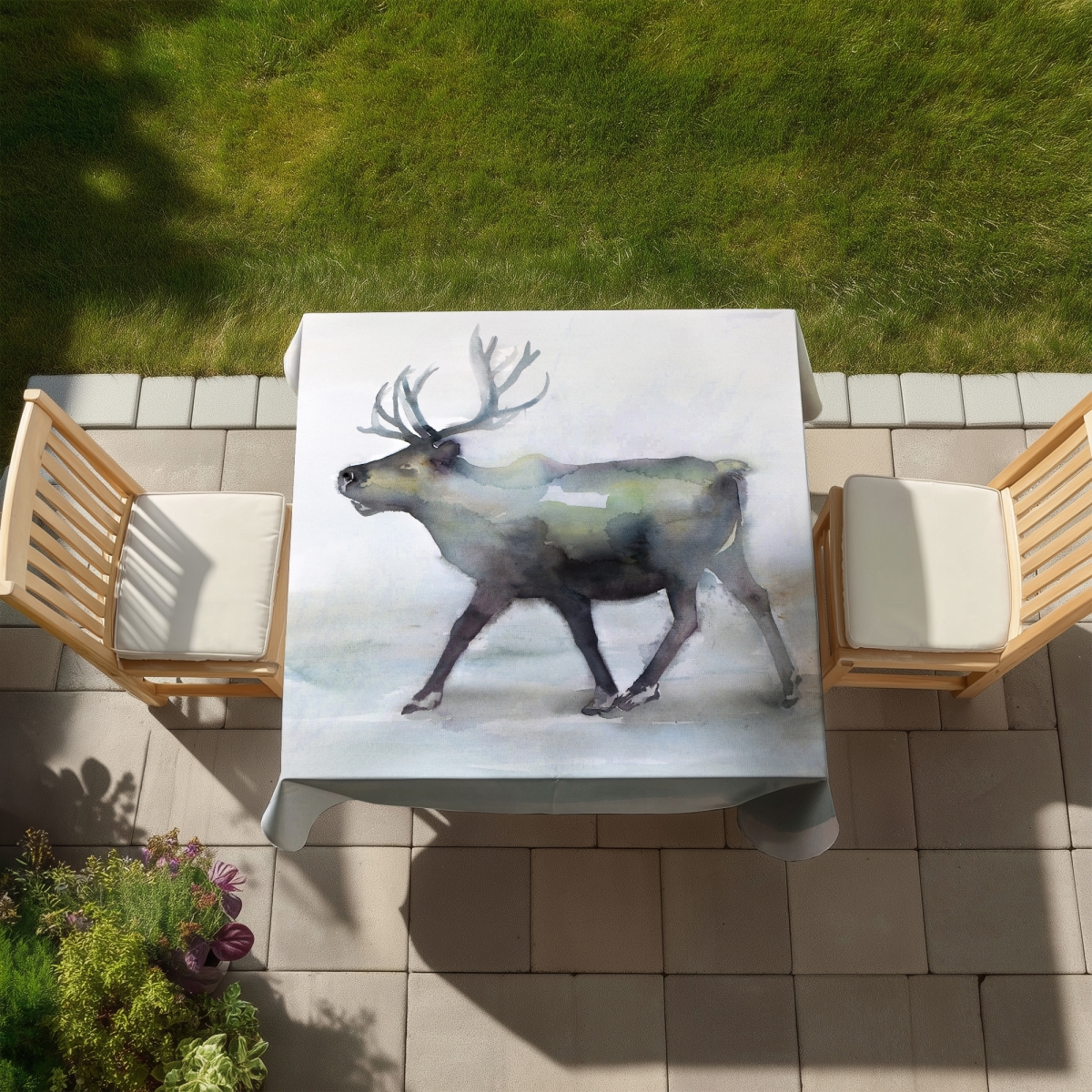 Picture of Begin Home Decor C1TC58586VPV3N 58 x 58 in. Rustic Deer Blue Tablecloth - Indoor & Outdoor - Caribou Decor