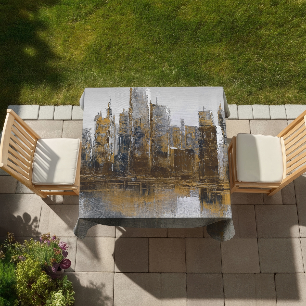 Picture of Begin Home Decor C1TC58587AFFU4 58 x 58 in. Gray & Yellow Cityscape Tablecloth - Indoor & Outdoor Decor