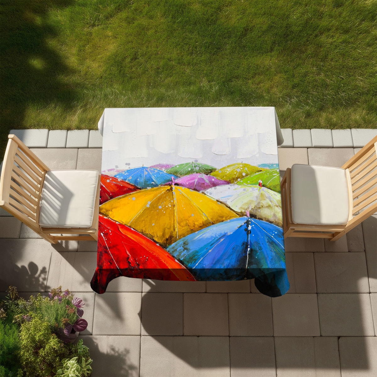 Picture of Begin Home Decor C1TC58585KS95P 58 x 58 in. Shapes Blue Tablecloth - Colorful Umbrellas Under Rain Decor