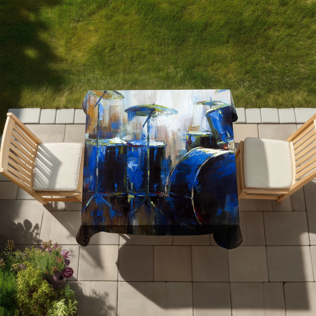 Picture of Begin Home Decor C1TC5858B65F22 58 x 58 in. Blue Industrial Instrument Tablecloth - Abstract Drums Decor