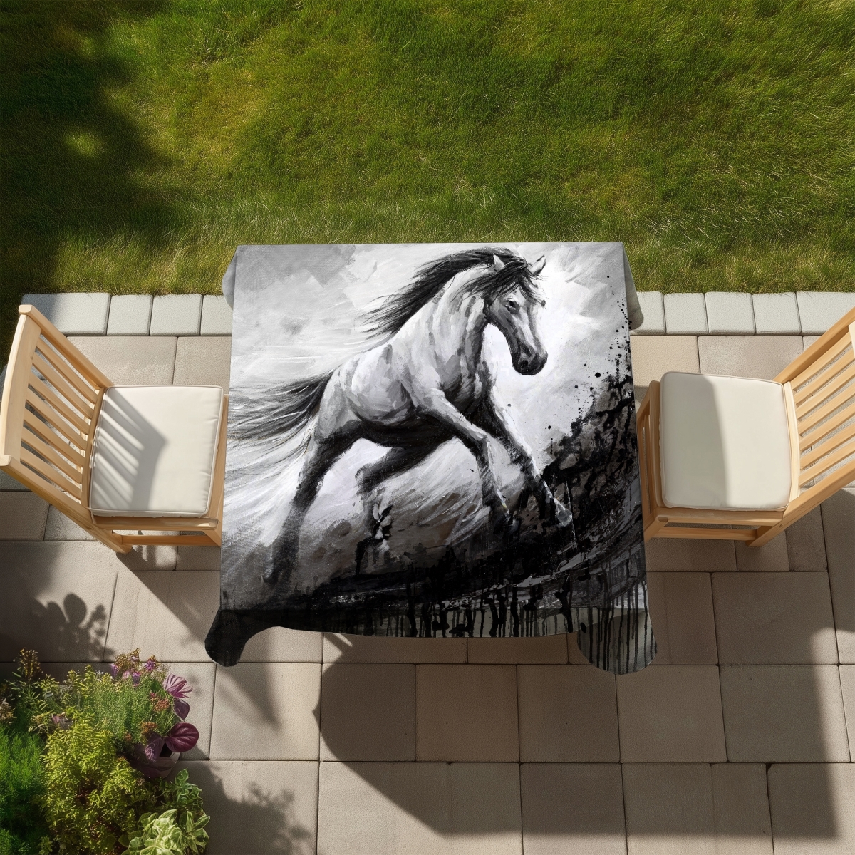 Picture of Begin Home Decor C1TC5858WFON5G 58 x 58 in. White Horse in the Wind Rustic Tablecloth - Indoor & Outdoor Decor