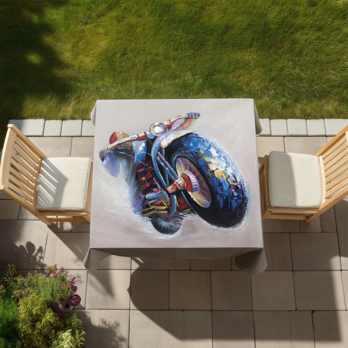 Picture of Begin Home Decor C1TC5858N7WHA6 58 x 58 in. Motorcycle Jump Blue Tablecloth - Indoor & Outdoor Home Decor