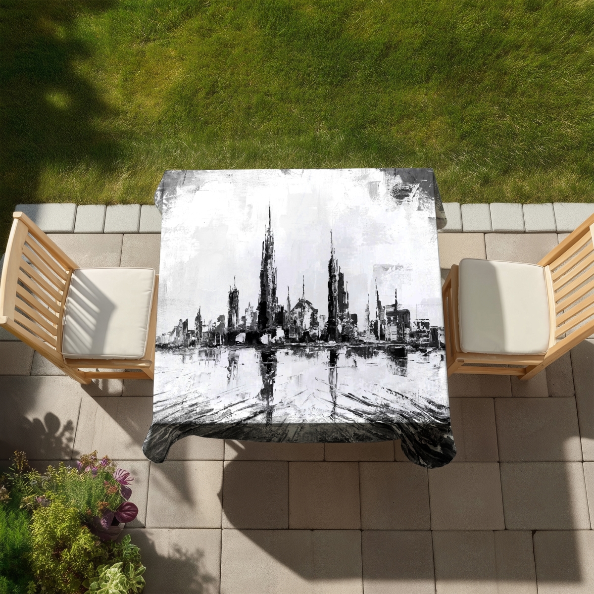 Picture of Begin Home Decor C1TC5858O5Y4SB 58 x 58 in. Monochrome Abstract City Tablecloth - Indoor & Outdoor Decor