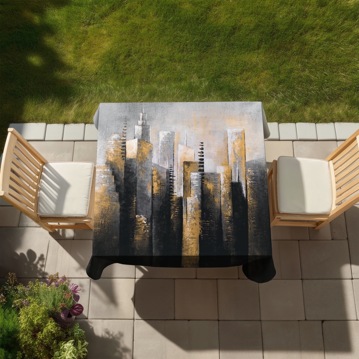 Picture of Begin Home Decor C1TC5858LER3M3 58 x 58 in. Abstract Gold Skyscraper Tablecloth - Indoor & Outdoor Decor
