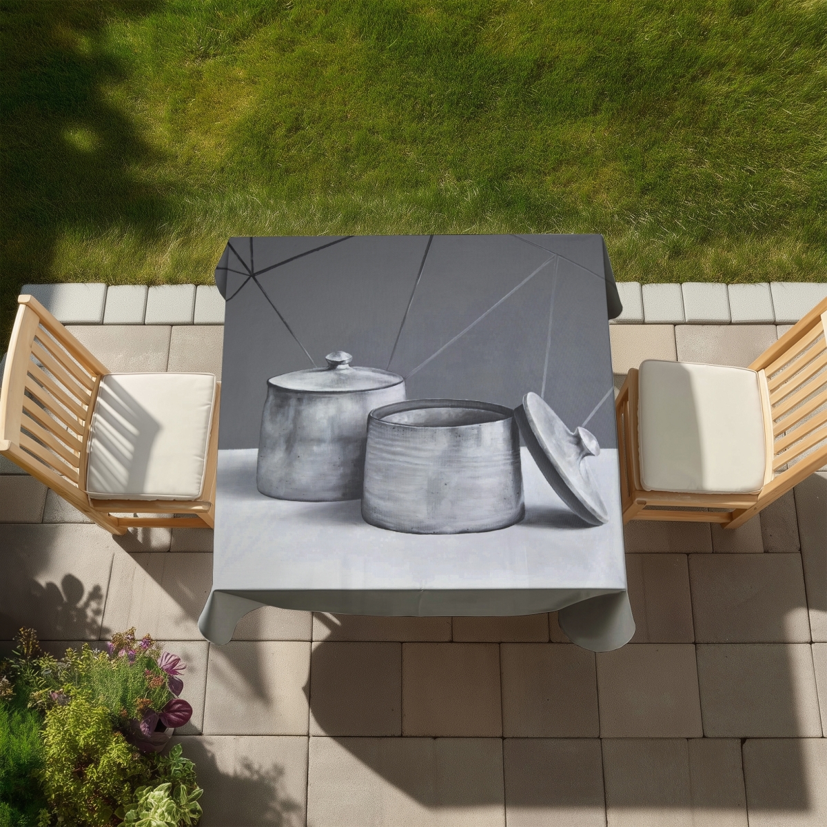 Picture of Begin Home Decor C1TC5858MJ9GSI 58 x 58 in. White Monochrome Tablecloth - Old Pot with Lid Design