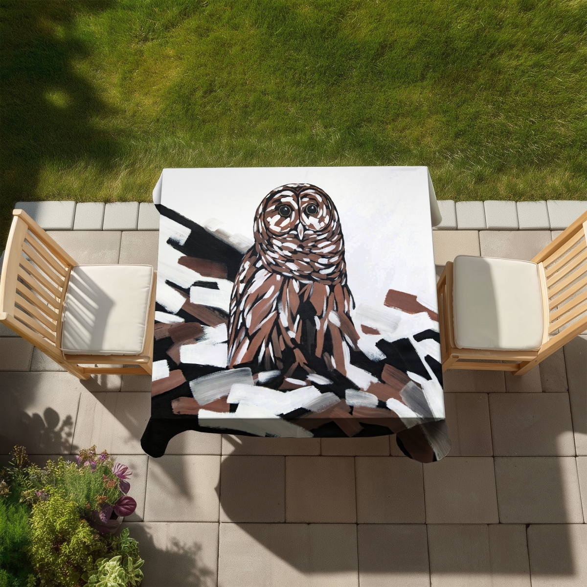 Picture of Begin Home Decor C1TC5858AMBA7F 58 x 58 in. Tawny Owl Bird Rustic White Tablecloth - Indoor & Outdoor Decor