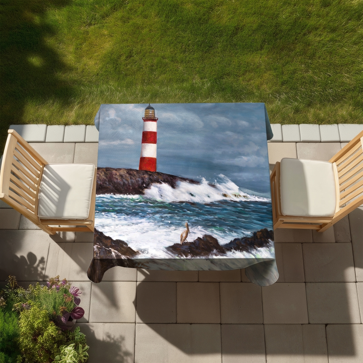 Picture of Begin Home Decor C1TC5858IFKPH7 58 x 58 in. Coastal Building Lighthouse Tablecloth - Indoor & Outdoor Decor
