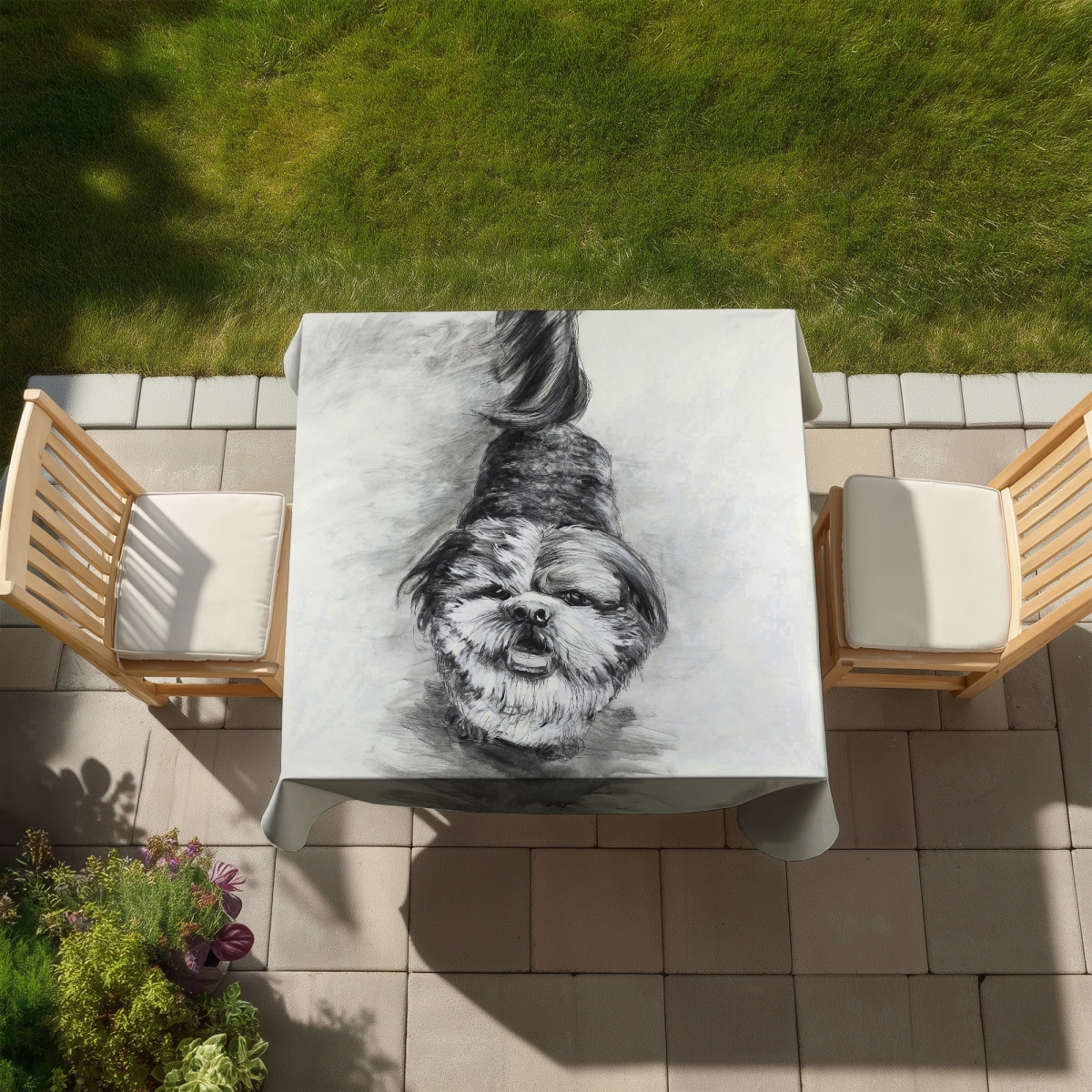 Picture of Begin Home Decor C1TC5858E28QHU 58 x 58 in. Happy Dog Sketch Tablecloth - White Animal Decor & Indoor & Outdoor