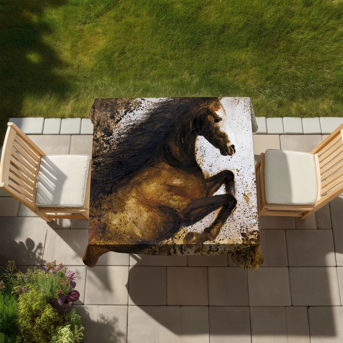 Picture of Begin Home Decor C1TC5858KHKR5V 58 x 58 in. Brown Animals Tablecloth - Horse Rushing Into Dust Decor