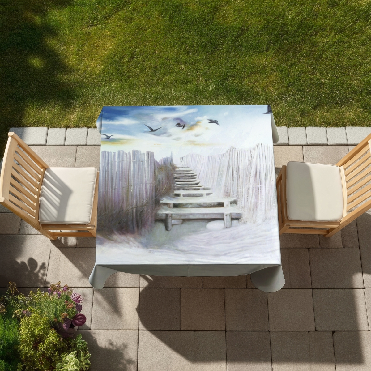 Picture of Begin Home Decor C1TC5858YYZZND 58 x 58 in. Break at the Beach Blue Bird Tablecloth - Indoor & Outdoor Decor