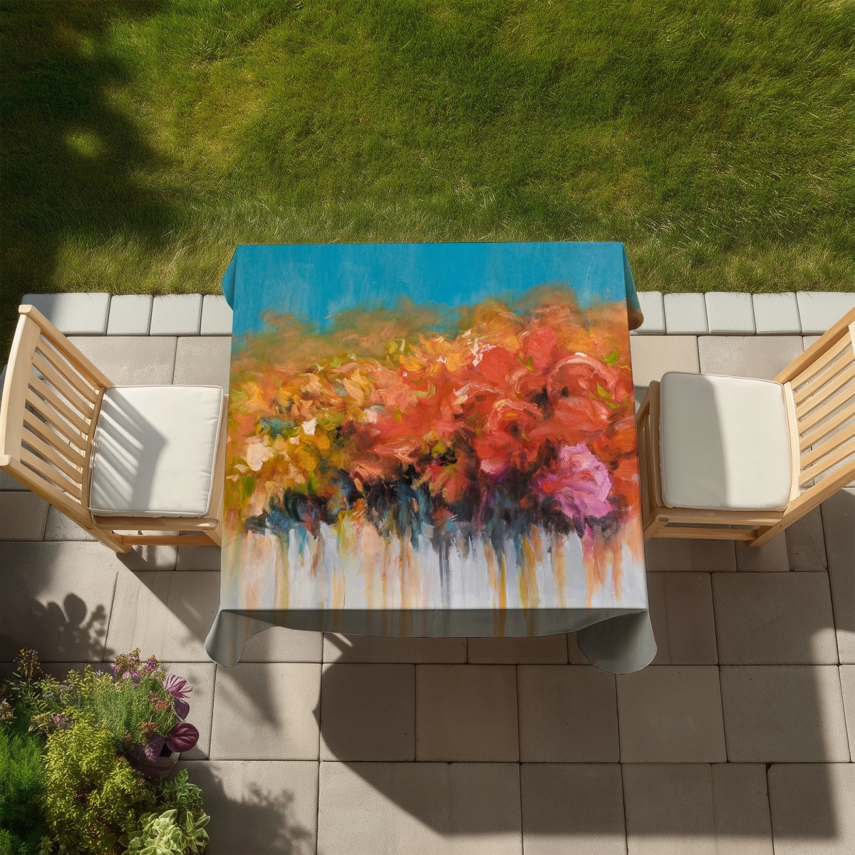 Picture of Begin Home Decor C1TC5858KVW2JZ 58 x 58 in. Contemporary Blue Tablecloth - Orange Flowers - Home Decor