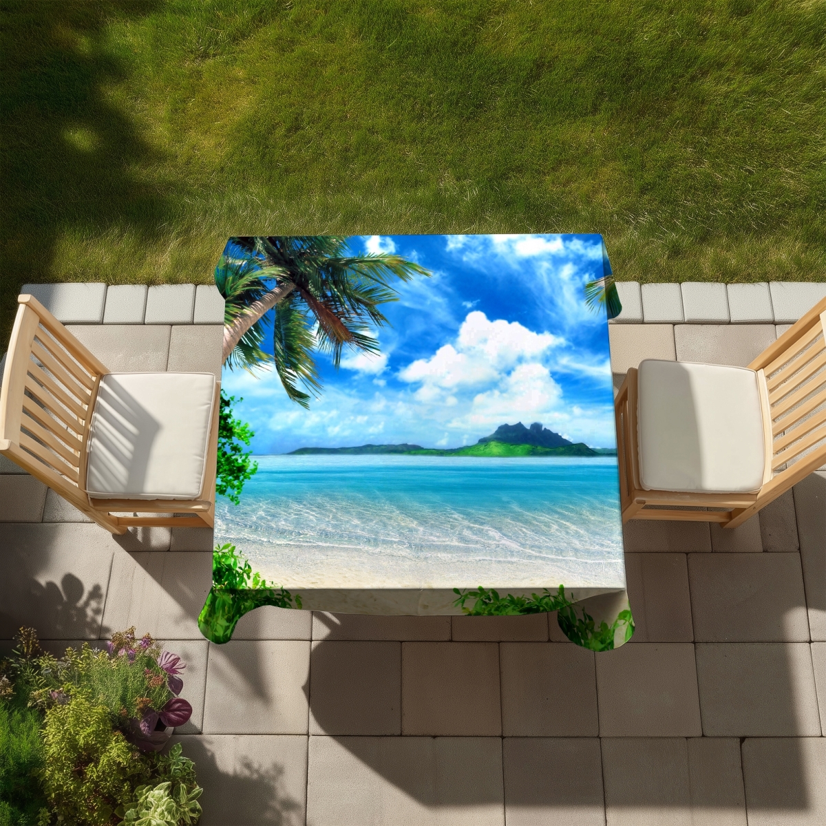 Picture of Begin Home Decor C1TC5858TTUIHW 58 x 58 in. The Beach Tablecloth - Indoor Outdoor Home Decor Elegance
