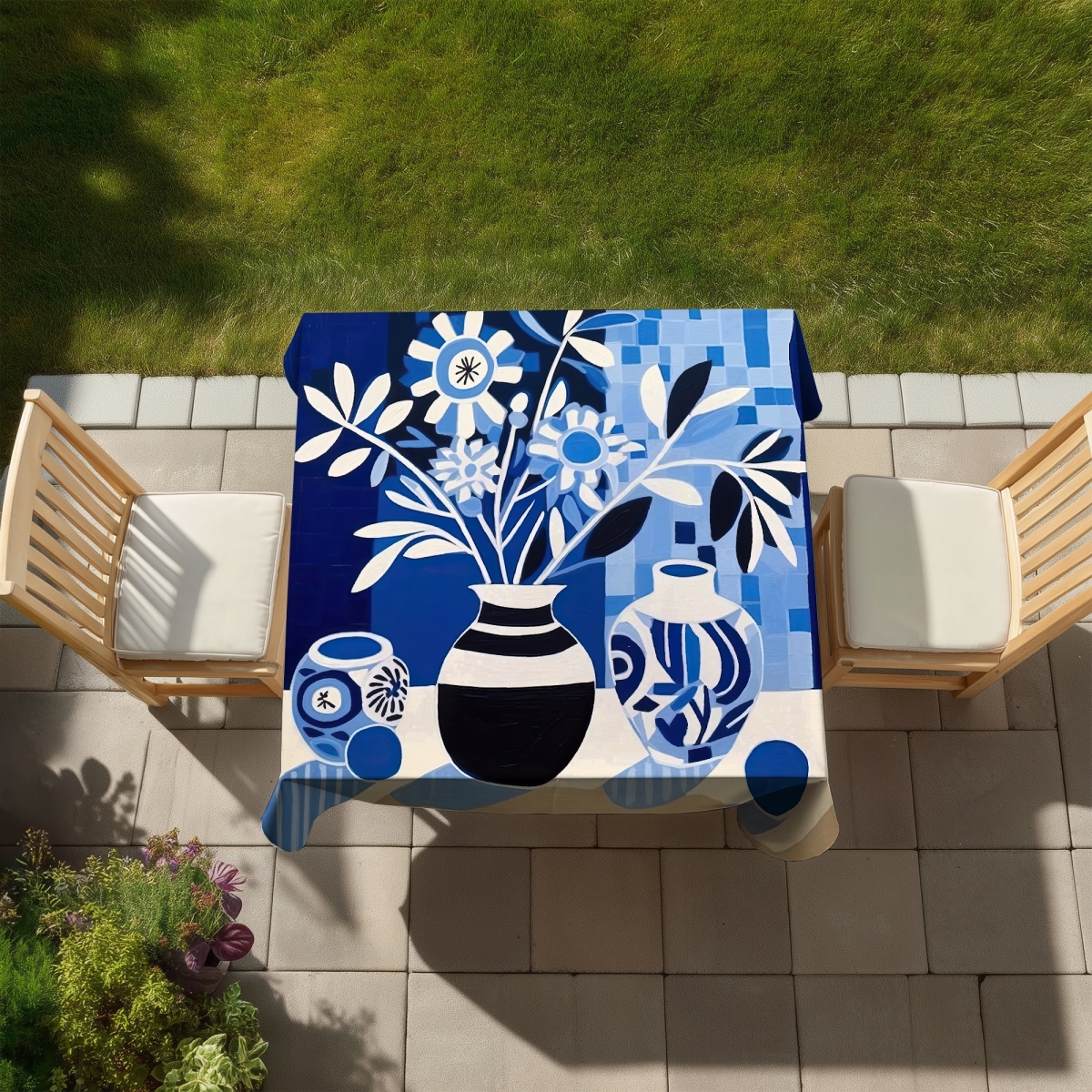 Picture of Begin Home Decor C1TC5858YQA4XT 58 x 58 in. Blue Vases Tablecloth - Minimalist Blue Indoor & Outdoor Decor