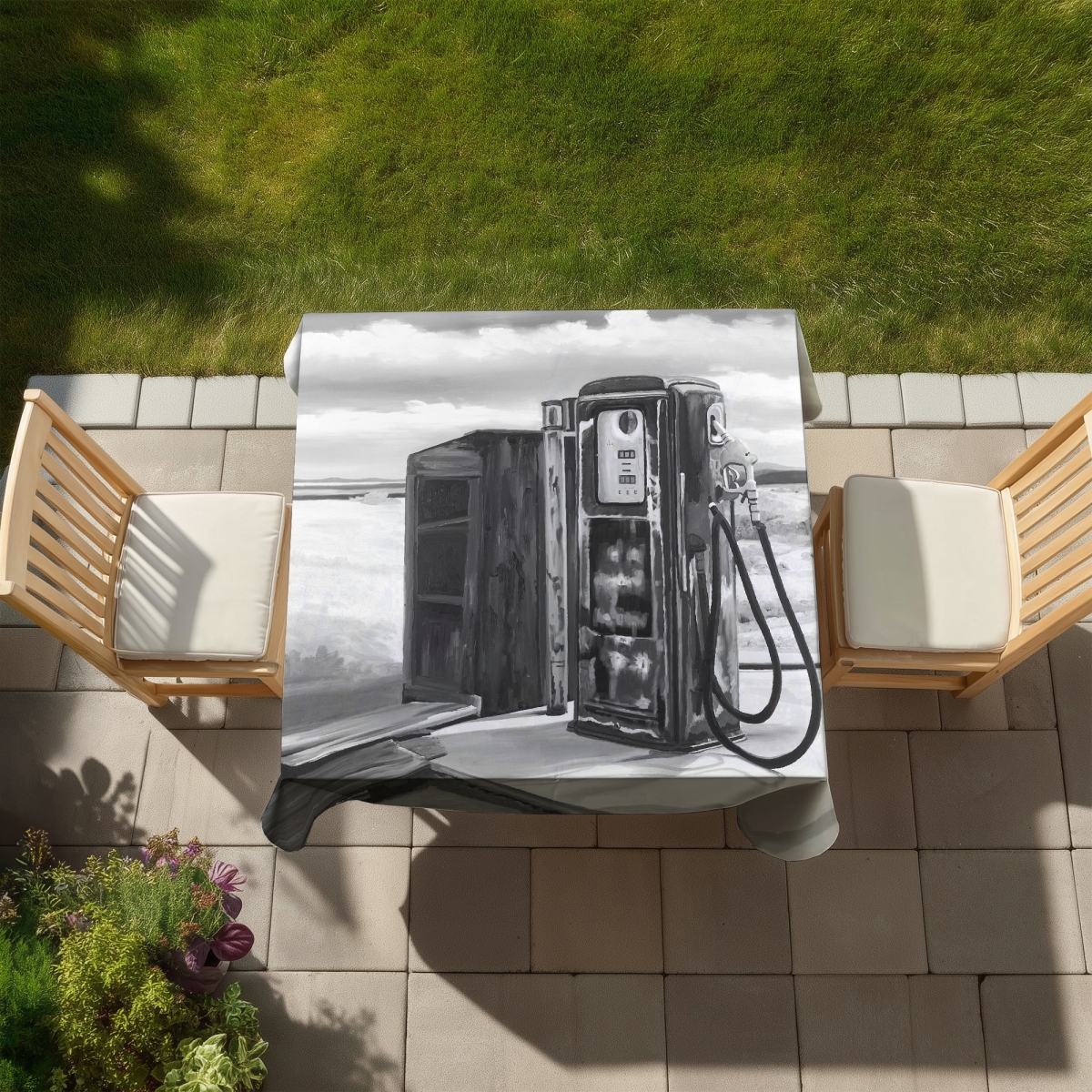 Picture of Begin Home Decor C1TC5858Z5DHJ6 58 x 58 in. Old Gas Pump Tablecloth - White Monochrome Decor - Indoor & Outdoor