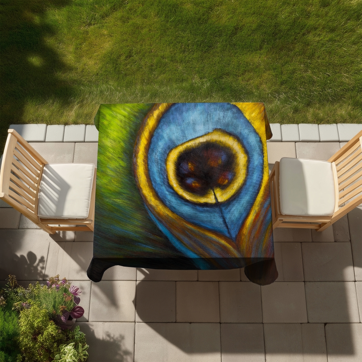 Picture of Begin Home Decor C1TC5858WAQGHY 58 x 58 in. Peacock Feather Tablecloth - Indoor & Outdoor Home Decor