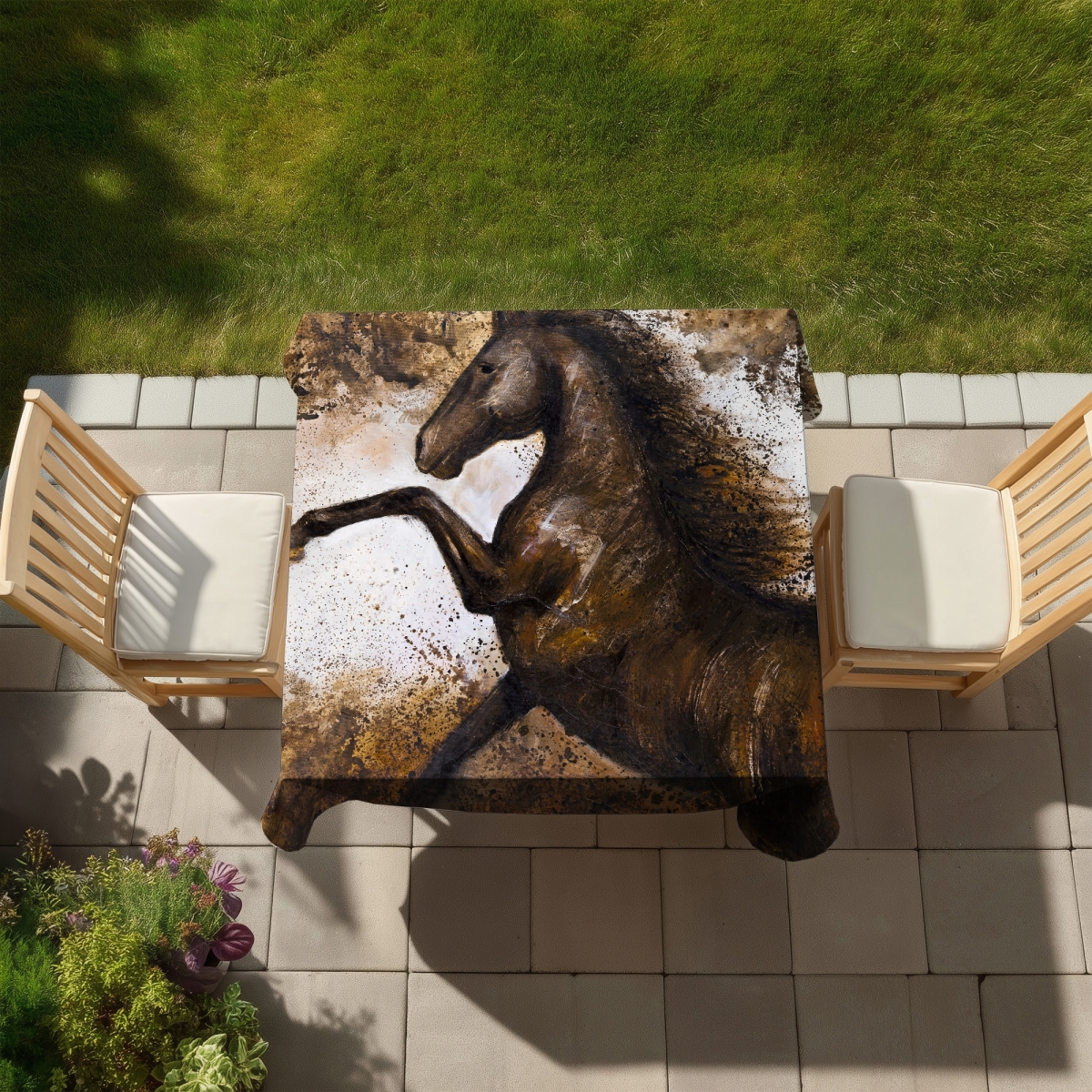 Picture of Begin Home Decor C1TC5858UFL3QV 58 x 58 in. Horse Rushing Tablecloth - Brown Indoor & Outdoor Home Decor