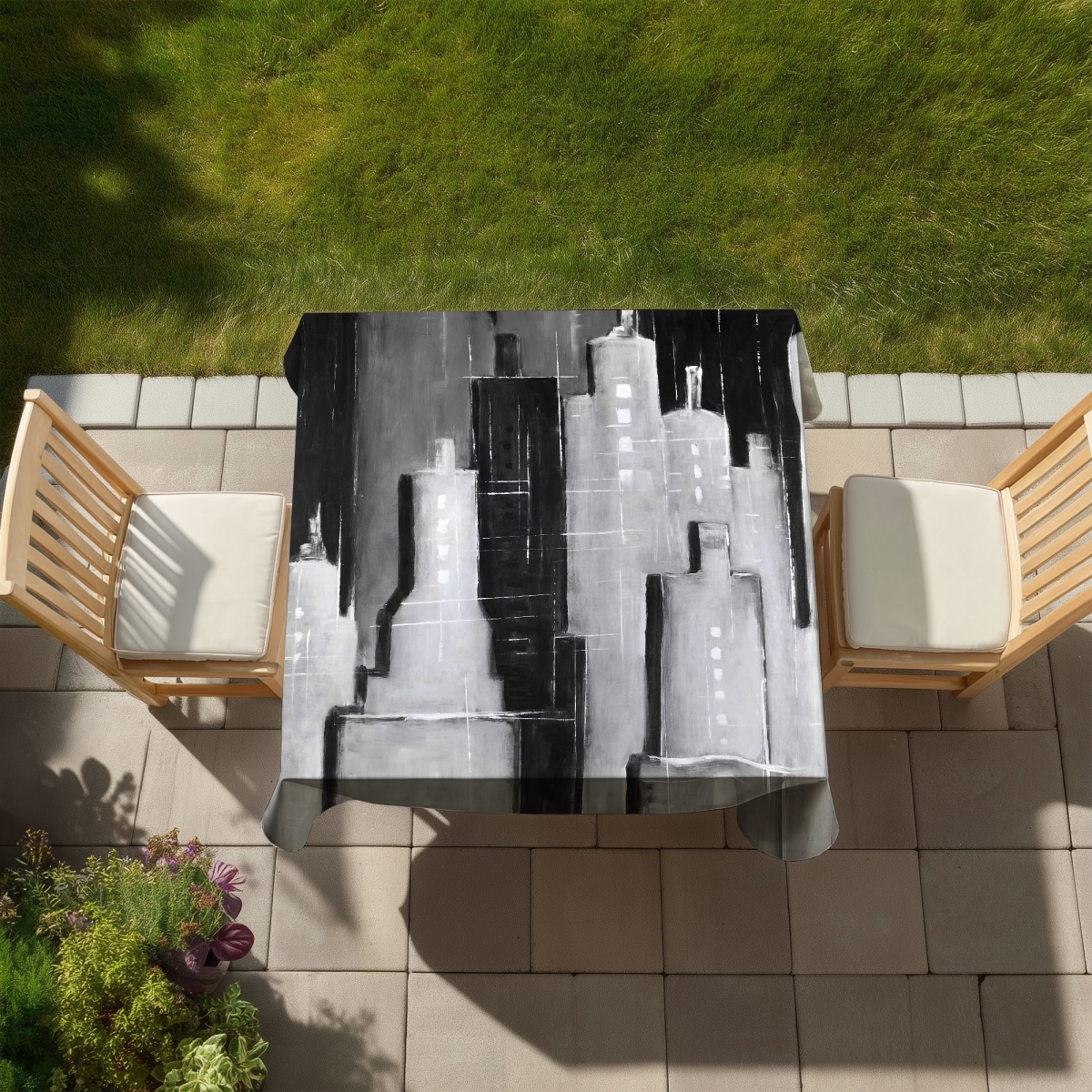 Picture of Begin Home Decor C1TC5858SI7QE9 58 x 58 in. Abstract Black & White Cityscape Tablecloth - Indoor & Outdoor