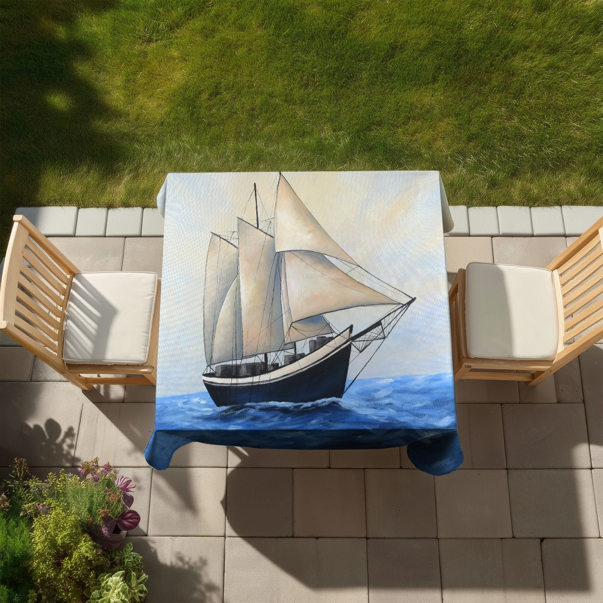 Picture of Begin Home Decor C1TC58581NRQL8 58 x 58 in. Coastal Blue Marine Tablecloth - Ship Sailing Design - Indoor & Outdoor