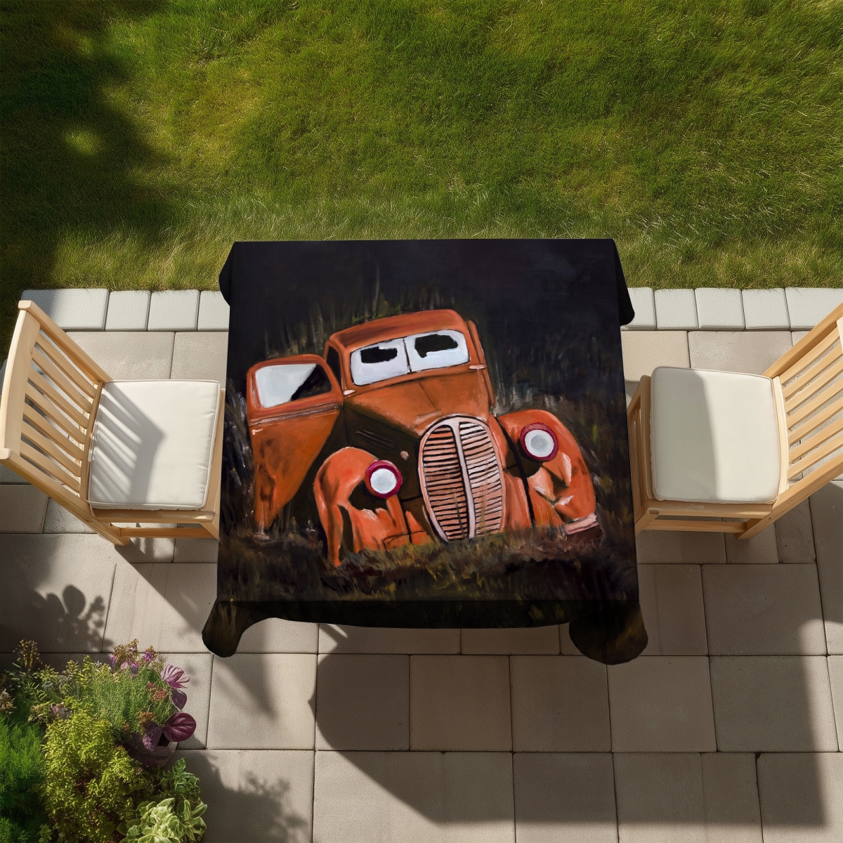 Picture of Begin Home Decor C1TC5858LV1HAK 58 x 58 in. Humpy Old Car by Night Tablecloth - Indoor & Outdoor Decor