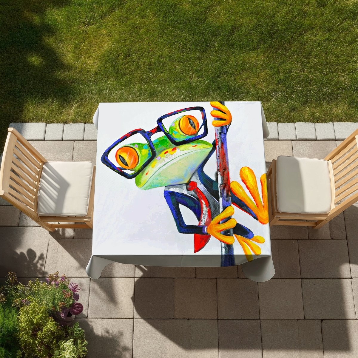 Picture of Begin Home Decor C1TC5858L4GKQU 58 x 58 in. Funny Frog Tablecloth - Blue Animal Decor for Indoor & Outdoor