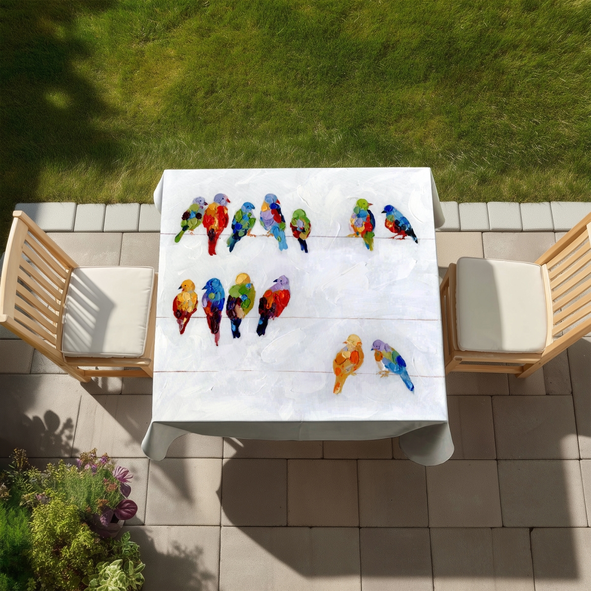 Picture of Begin Home Decor C1TC5858YUH1QD 58 x 58 in. Contemporary Blue Tablecloth - Colorful Birds on A Wire Decor