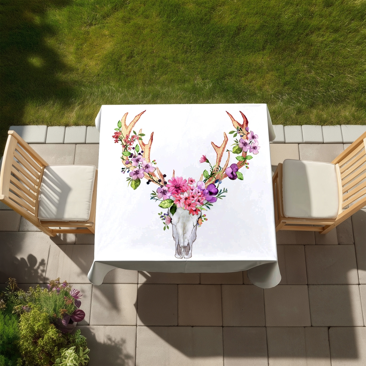 Picture of Begin Home Decor C1TC5858ZKG14T 58 x 58 in. Deer Skull with Flowers Tablecloth - Indoor & Outdoor Decor