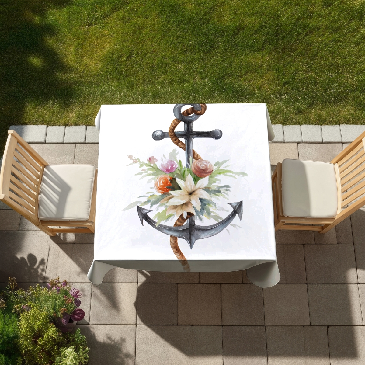 Picture of Begin Home Decor C1TC5858XLHFR3 58 x 58 in. Scandinavian Coastal Tablecloth - Anchor with Flowers Decor