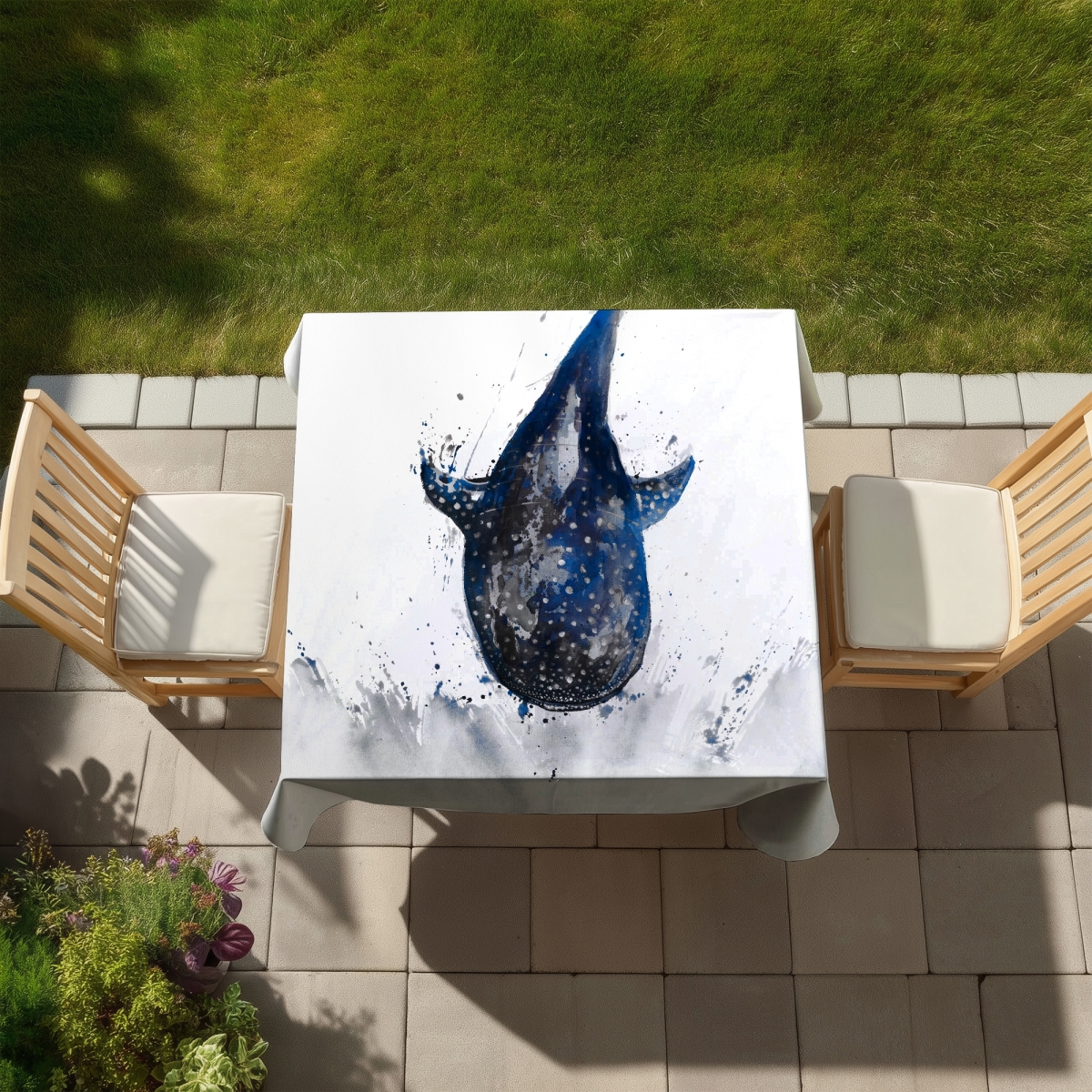 Picture of Begin Home Decor C1TC5858P6BKNV 58 x 58 in. Shark Whale Blue Marine Tablecloth - Indoor Outdoor Decor