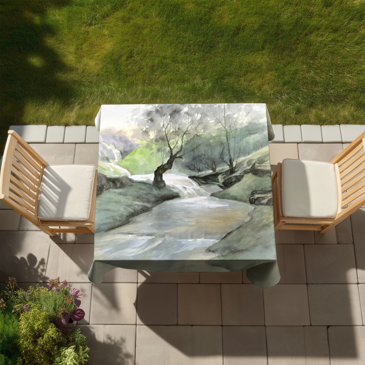 Picture of Begin Home Decor C1TC5858A6BJ02 58 x 58 in. Oasis of Relaxation Green Trees Tablecloth - Indoor & Outdoor Decor