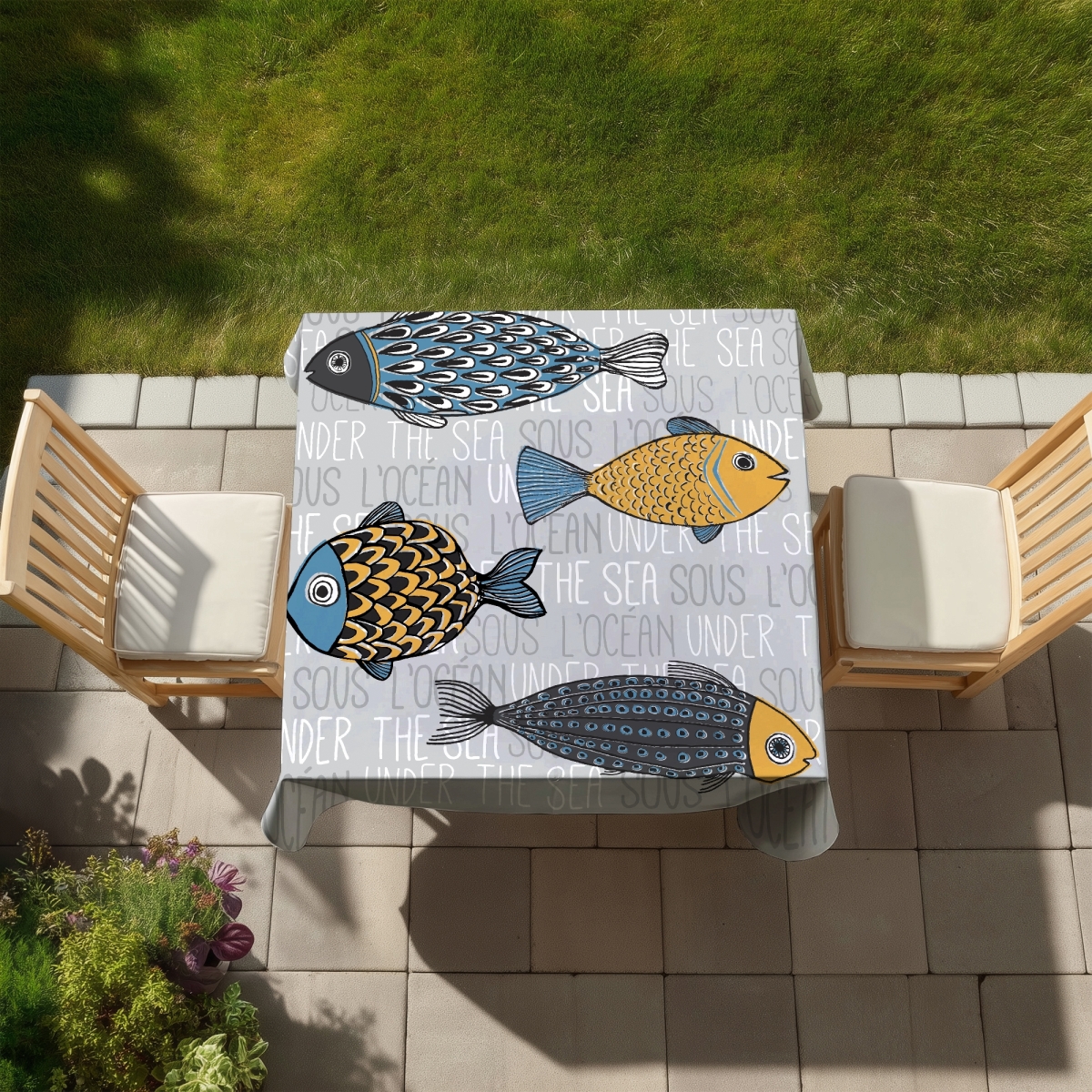 Picture of Begin Home Decor C1TC58584BQFNA 58 x 58 in. Nautical Fish Tablecloth - Marine Bedroom Decor - Indoor & Outdoor