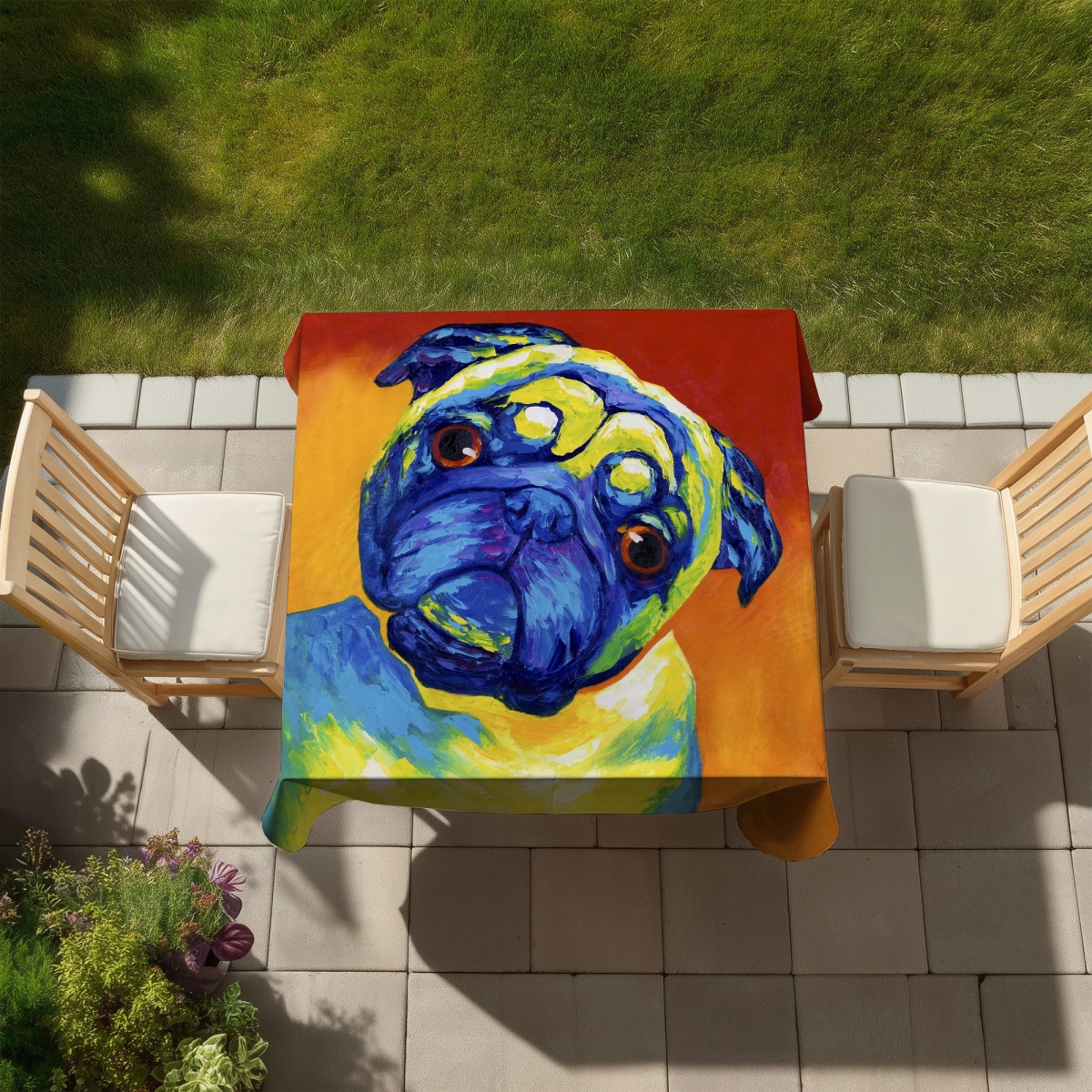 Picture of Begin Home Decor C1TC5858N2PKHO 58 x 58 in. Curious Pug Tablecloth - Contemporary Animals Decor for Home