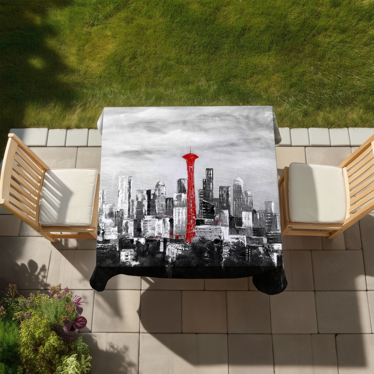 Picture of Begin Home Decor C1TC5858YGCP6R 58 x 58 in. Space Needle Red Tablecloth - Cities Industrial Home Decor