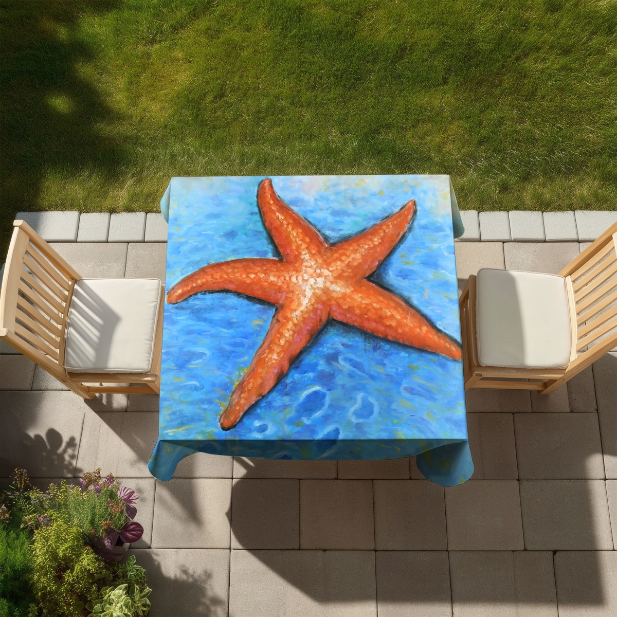 Picture of Begin Home Decor C1TC5858XJKE0Y 58 x 58 in. Vivid Starfish Tablecloth - Blue Animal Print Indoor & Outdoor