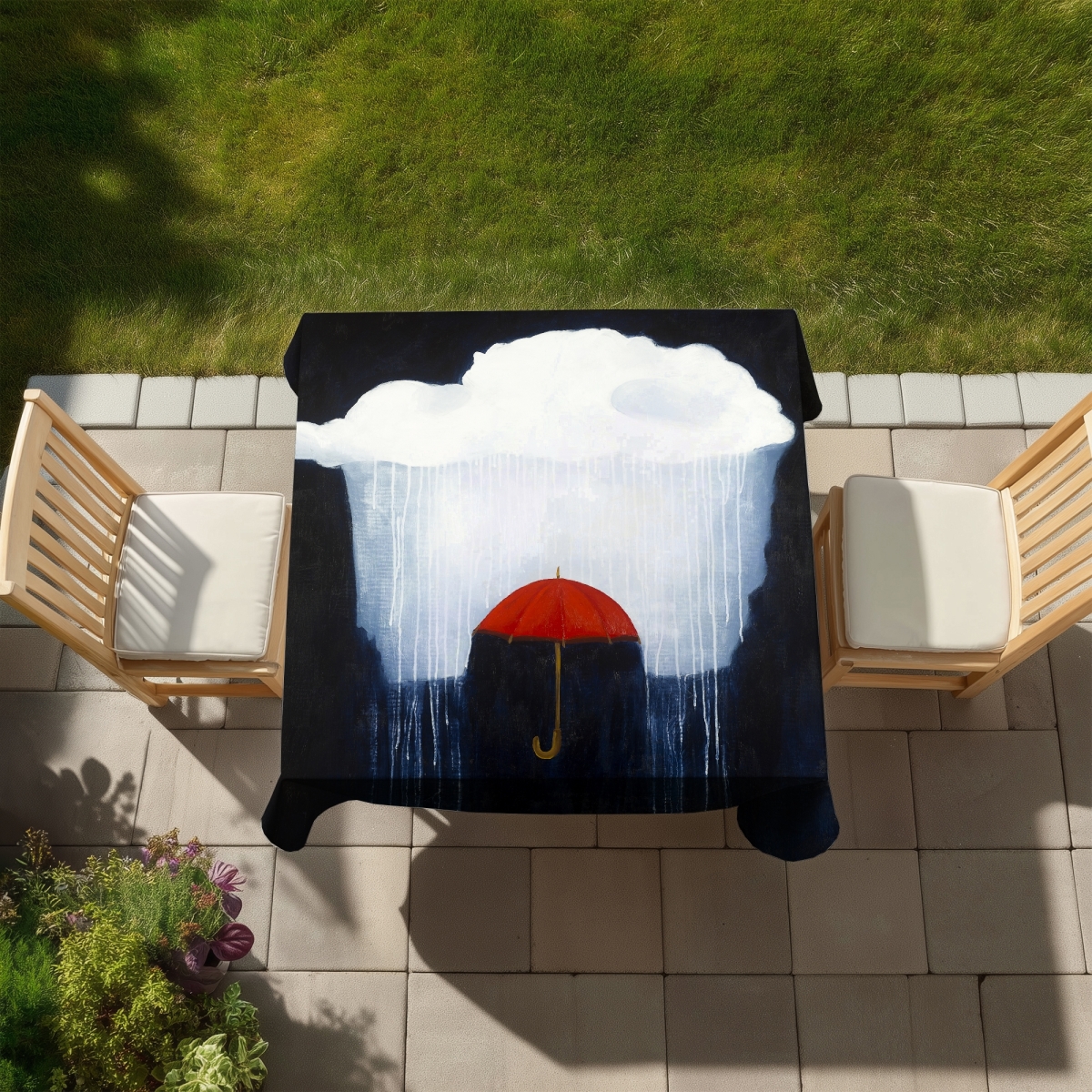Picture of Begin Home Decor C1TC5858IUGEZH 58 x 58 in. Bedroom Blue Romantic Tablecloth - Umbrella Under Heavy Rain