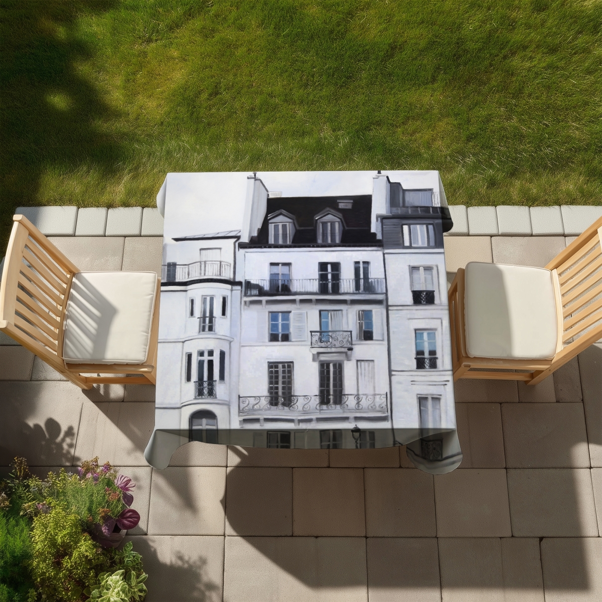 Picture of Begin Home Decor C1TC5858N1W0UT 58 x 58 in. Cities Blue Tablecloth - Buildings Along Seine River Home Decor