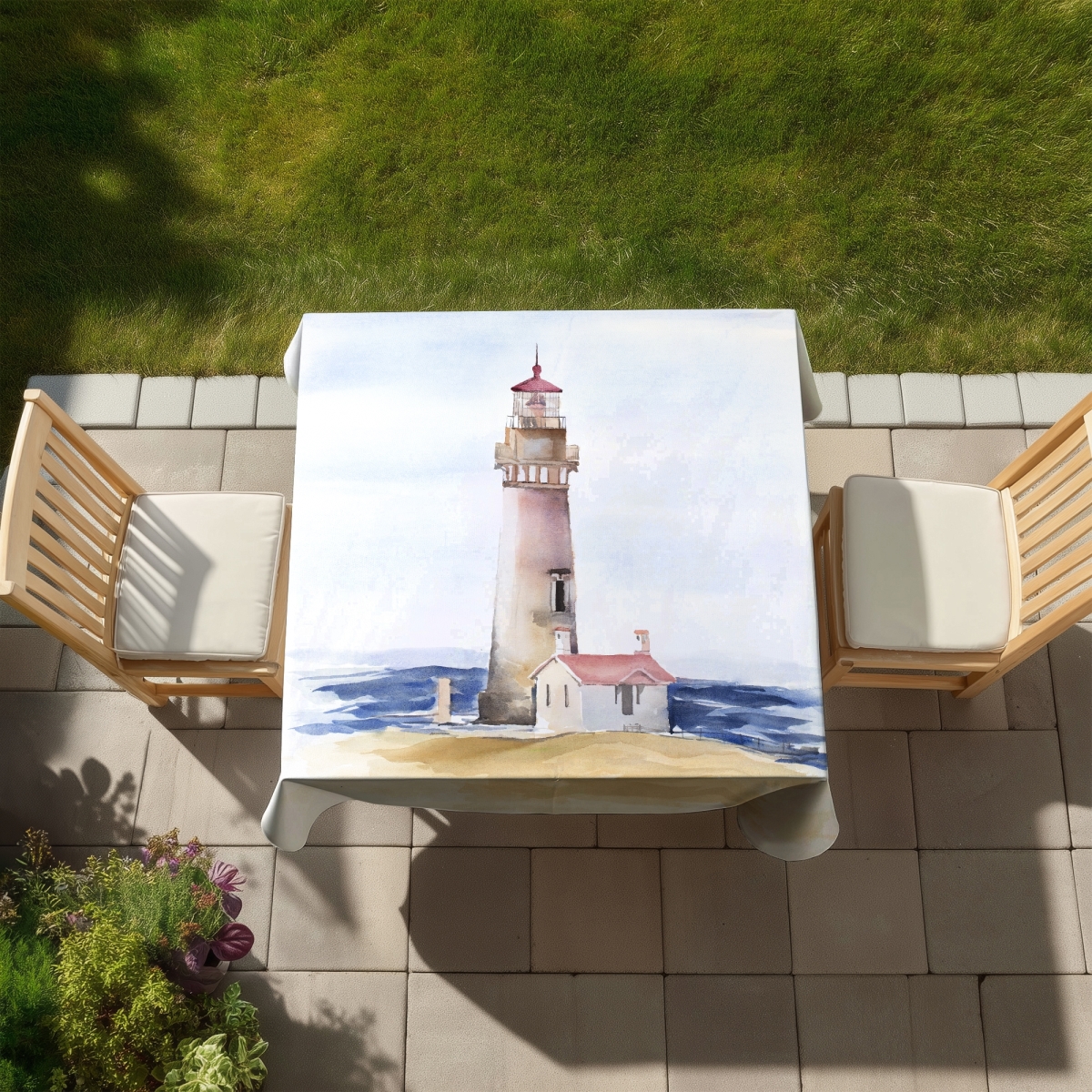 Picture of Begin Home Decor C1TC5858A7XRTS 58 x 58 in. Oregon Yaquina Lighthouse Tablecloth - Coastal Indoor & Outdoor Decor