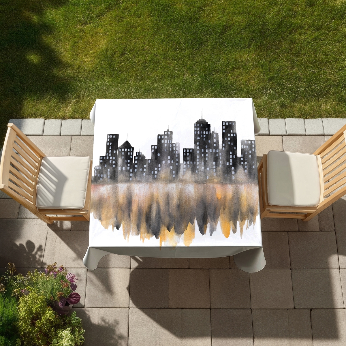 Picture of Begin Home Decor C1TC5858UGRGU9 58 x 58 in. Yellow Watercolor Cityscape Tablecloth - Indoor Outdoor Decor